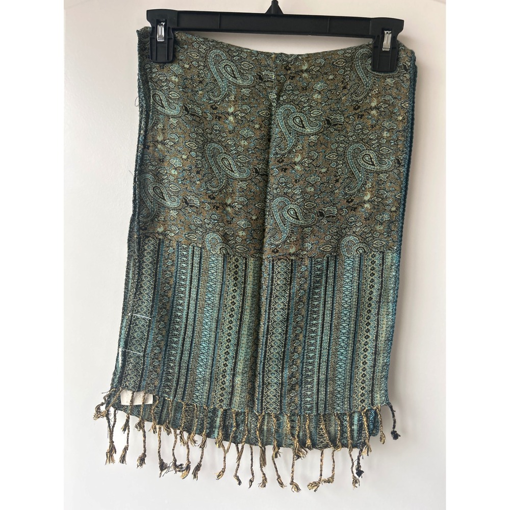 Violet del Mar Silk Blend Paisley Scarf Teal Gold Fringe Pashmina Made in Nepal